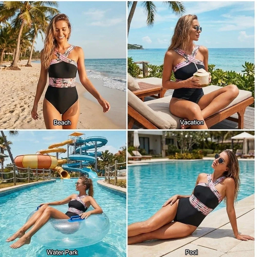 Hilor One Piece Swimsuit Women L Black Floral Mesh Crossover Resort Boho 646 NWT